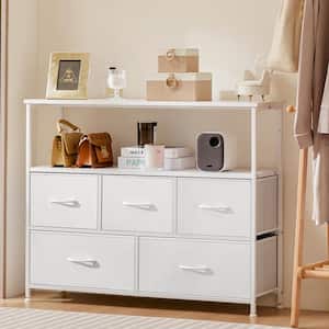 Salvador White 39.4 in. W 5-Drawer Dresser with Fabric Bins and Steel Frame TV Stand Chest of Drawers