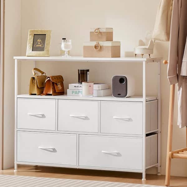 FIRNEWST Salvador White 39.4 in. W 5-Drawer Dresser with Fabric Bins and Steel Frame TV Stand Chest of Drawers