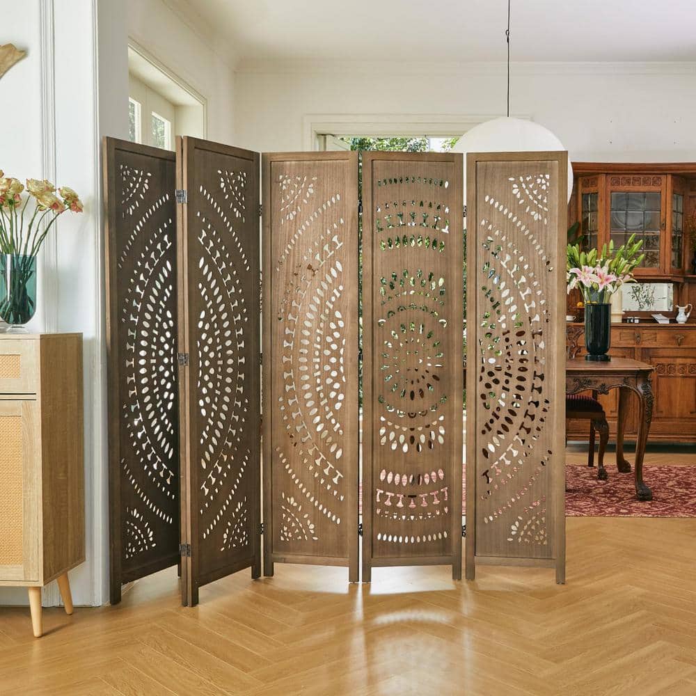 90 in. Brown Wood Carved 6-Panel Folding Room Divider