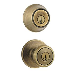 Tylo Antique Brass Entry Door Knob and Single Cylinder Deadbolt Combo Pack Featuring SmartKey Security