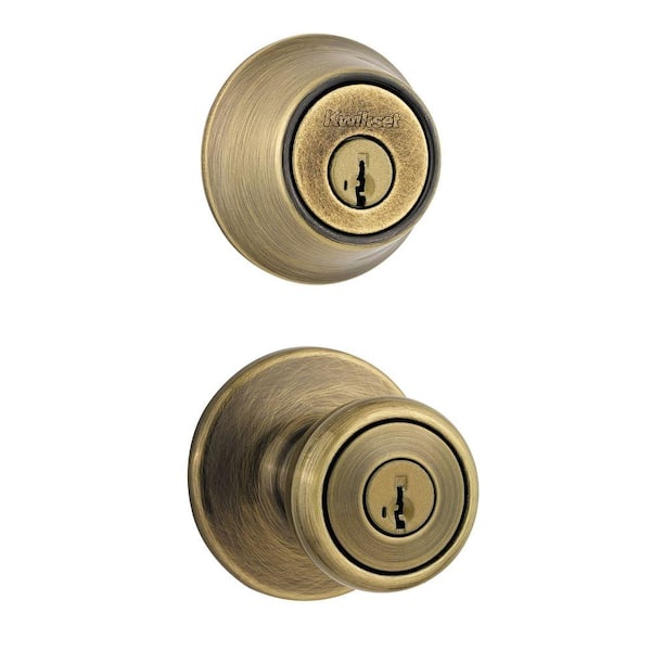 Kwikset Tylo Antique Brass Entry Door Knob and Single Cylinder Deadbolt Combo Pack Featuring SmartKey Security