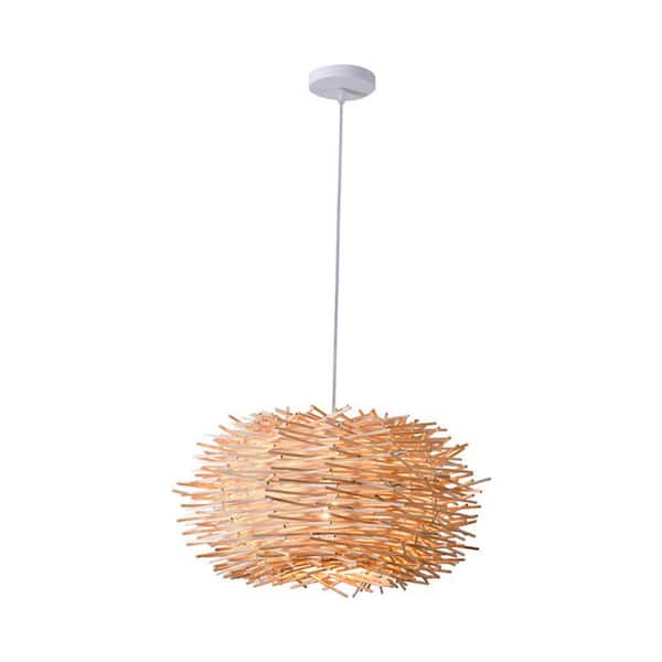OUKANING 11.81 in. 1-Light Beige Modern Creative Bird Nest Rattan Cage Pendant Light with Bamboo Shade
