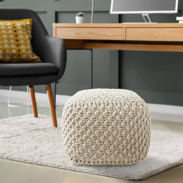 Casafield Natural Knit Cotton Square 18.5 in. x 18.5 in. x 14.5 in. Pouf Foot Stool