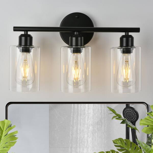 TinHon 16.93 in. 3-Light Modern Black Wall Vanity Light with Clear Glass Cylinder Shades for Bathroom or Dressing Area