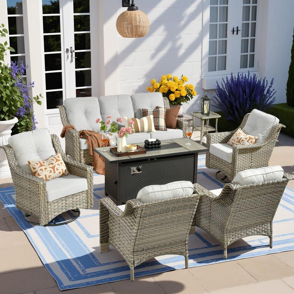 Cherry 7-Piece Wicker Outdoor Fire Pit Furniture Patio Conversation Sofa Set with Swivel Chairs and Light Grey Cushions price history on PriceWatchPro