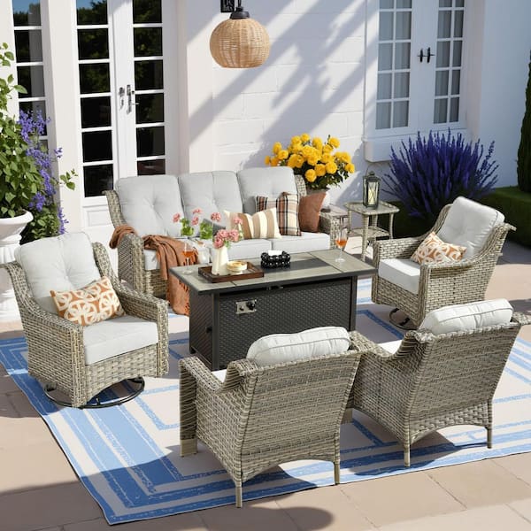HOOOWOOO Cherry 7-Piece Wicker Outdoor Fire Pit Furniture Patio Conversation Sofa Set with Swivel Chairs and Light Grey Cushions