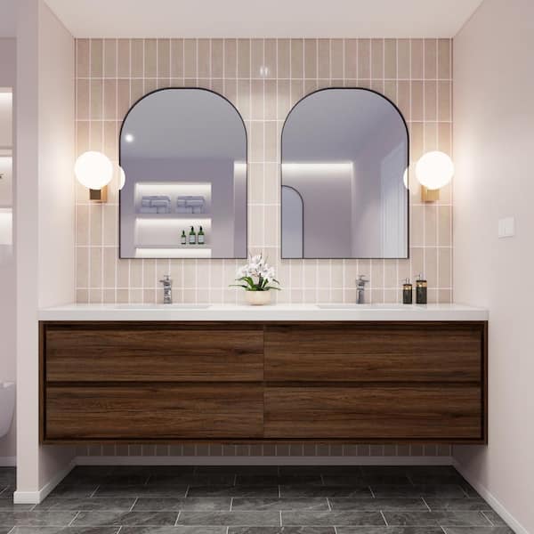 Moreno Bath Sage 84 in. W Vanity in Rosewood with Reinforced Acrylic Vanity Top in White with White Basins