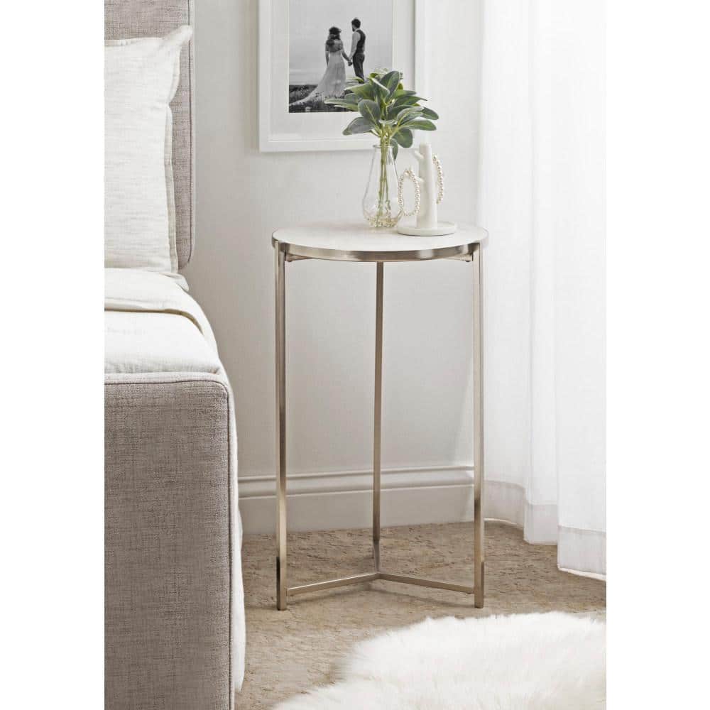 Silver Round Marble and Metal Side Table