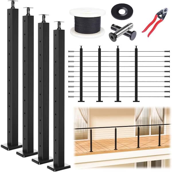 36 in. Cable Railing Post Kit with 4 pack Black Posts PS01 and 250 ft. Wire Rope in Black