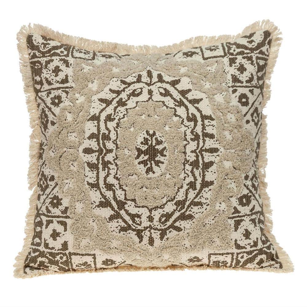 Beige Embroidered Square Cotton Throw Pillow 18" x 18"