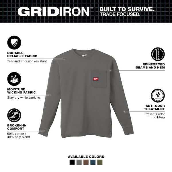 Men's Large Gray GRIDIRON Cotton/Polyester Long-Sleeve Pocket T-Shirt