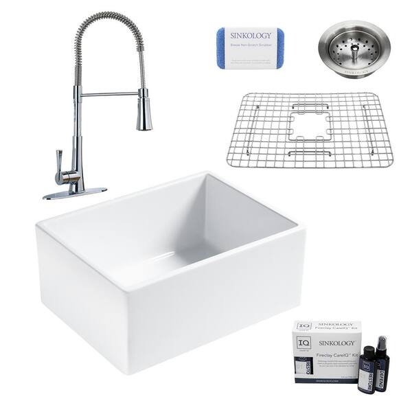 SINKOLOGY Wilcox II All-in-One Farmhouse/Apron-Fireclay 24 in. Single Bowl Kitchen Sink with Pfister Faucet and Strainer