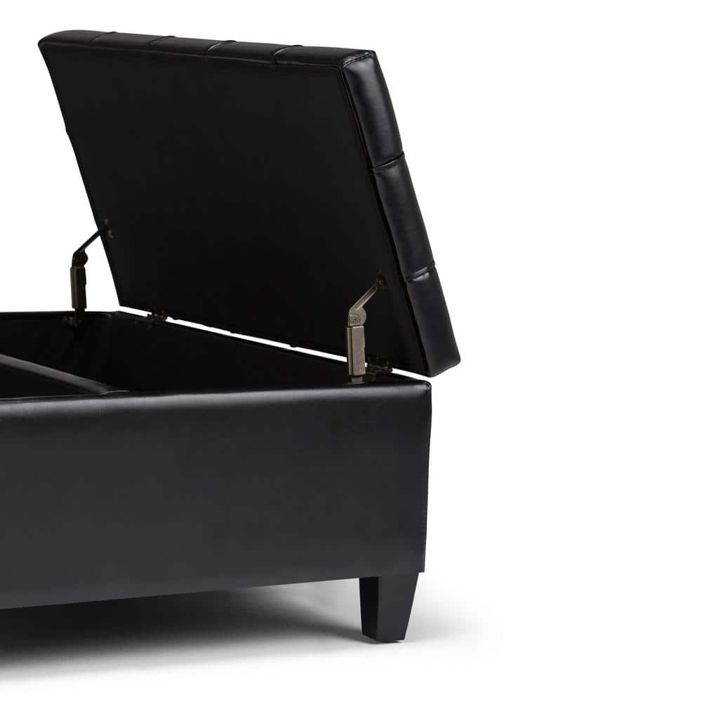 Midnight Black Tufted Faux Leather 36" Square Storage Ottoman