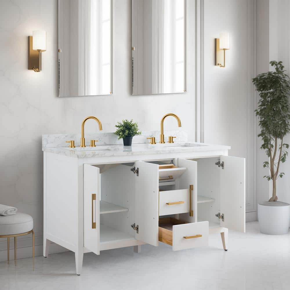 60" White Double Sink Bathroom Vanity with Gold Hardware