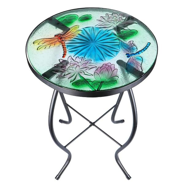 MUMTOP 14 in. Tall Round Side Table Outdoor Glass Top Accent Table, Dragonfly