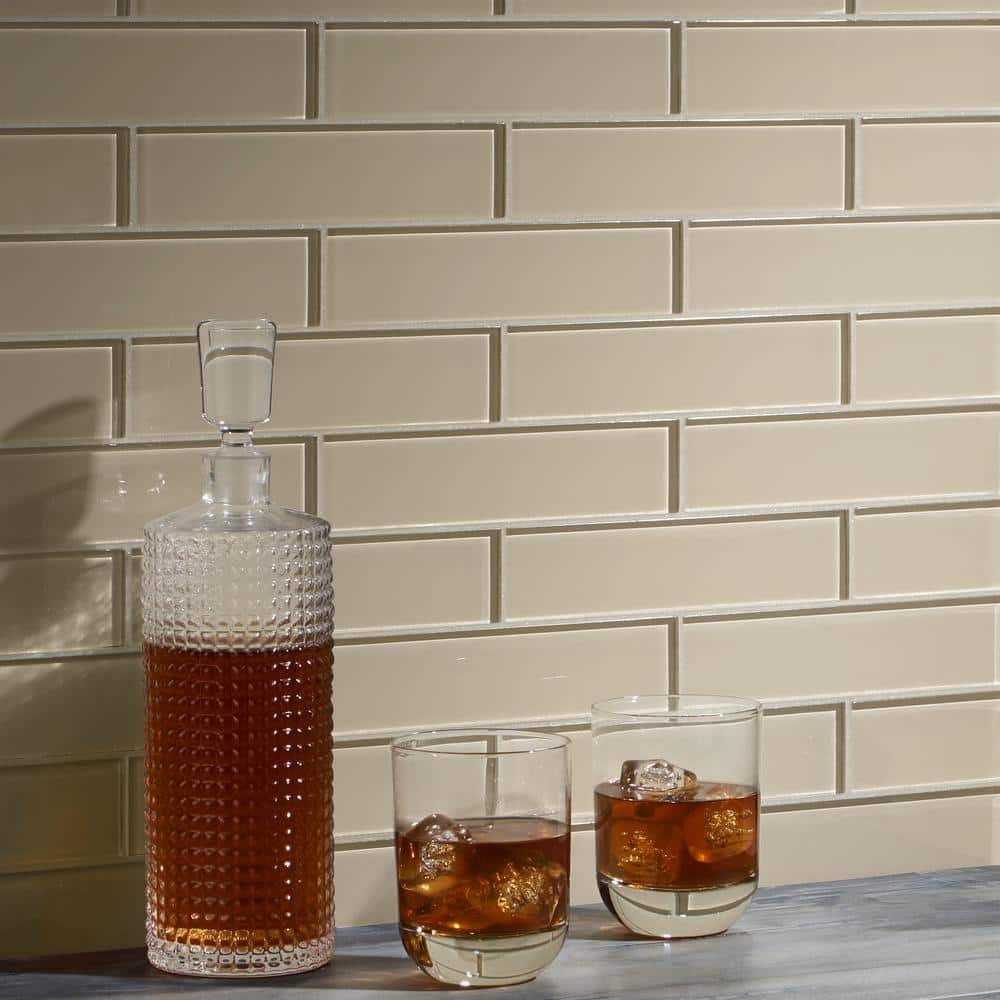 Beige 2" x 8" Polished Glass Subway Wall Tile