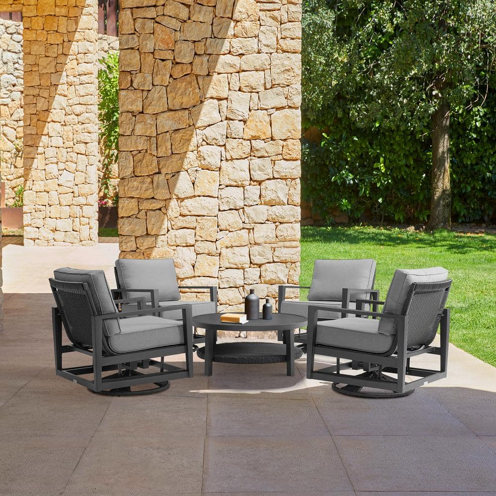 Grand Black Aluminum Round Outdoor Coffee Table with Wicker Shelf
