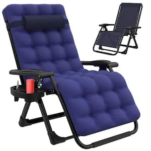 Black Zero Gravity Metal Outdoor Lounge Chair with Royal Blue Cushion