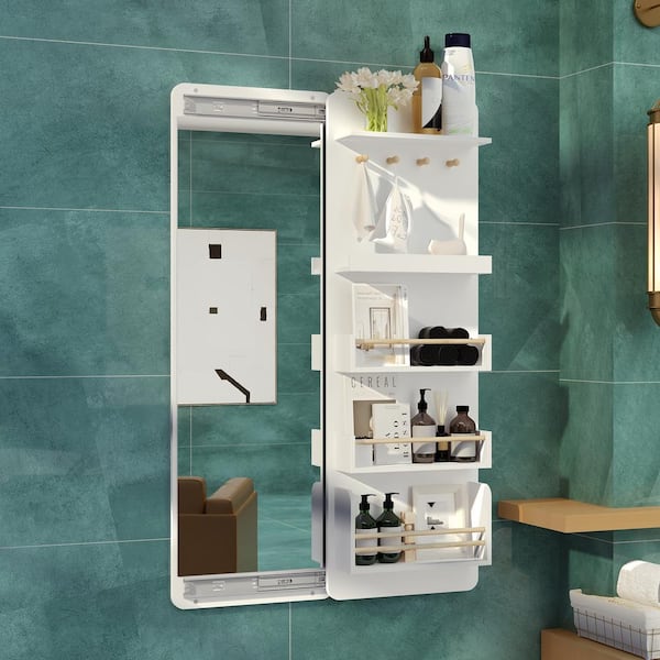 FUFU&GAGA 30.5 in. W x 47.2 in. H L Rectangular Wood Framed Wall-Mounted Bathroom Vanity Mirror in White With Shelves, Hook