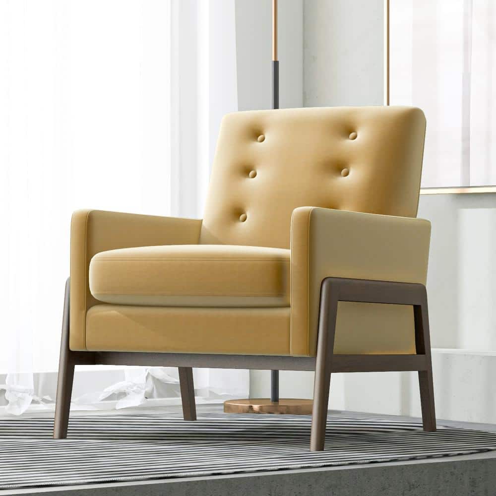 Steven Mid-Century Yellow Velvet and Wood Accent Armchair