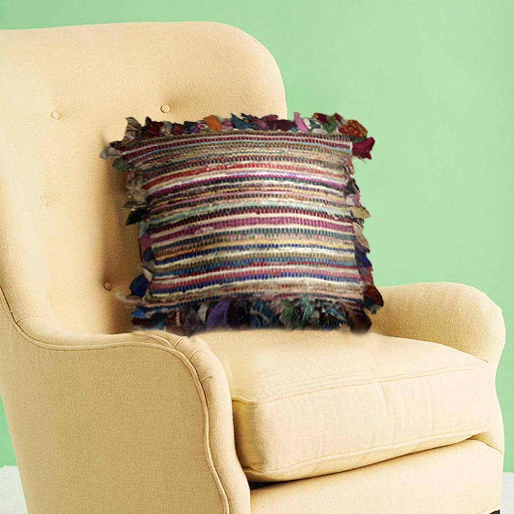 Multicolor Striped Hand-Woven Chindi Floor Pillow, 26" x 26"