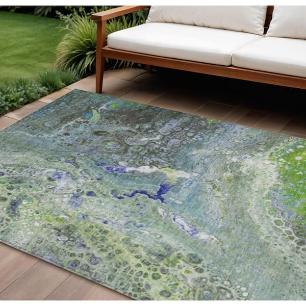 Green, Lime Green 8 ft. x 10 ft.  Woven Abstract Polyester Rectangle Indoor / Outdoor Area Rug