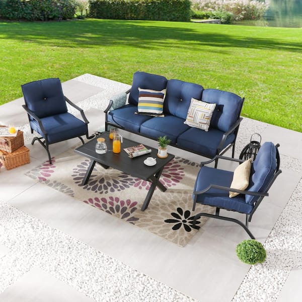 Patio Festival 4-Piece Metal Patio Conversation Set with Blue Cushions