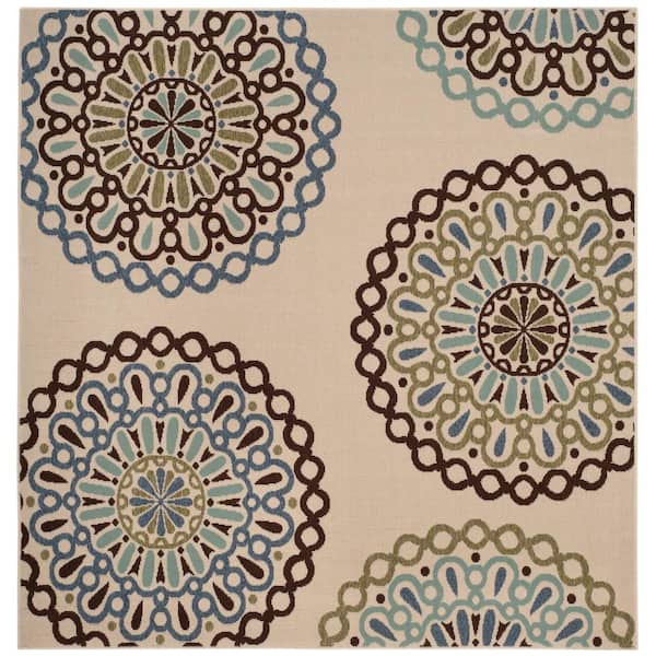 Veranda Cream/Blue 5 ft. x 5 ft. Geometric Floral Indoor/Outdoor Square Area Rug