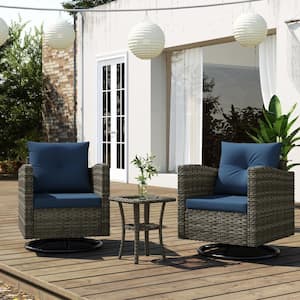 2-Person Gray-Brown Wicker Outdoor Rocking Chairs Seating Group with Blue Cushions and Coffee Table (Set of 2)