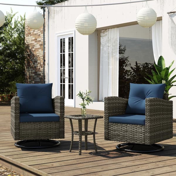 Uixe 2-Person Gray-Brown Wicker Outdoor Rocking Chairs Seating Group with Blue Cushions and Coffee Table (Set of 2)