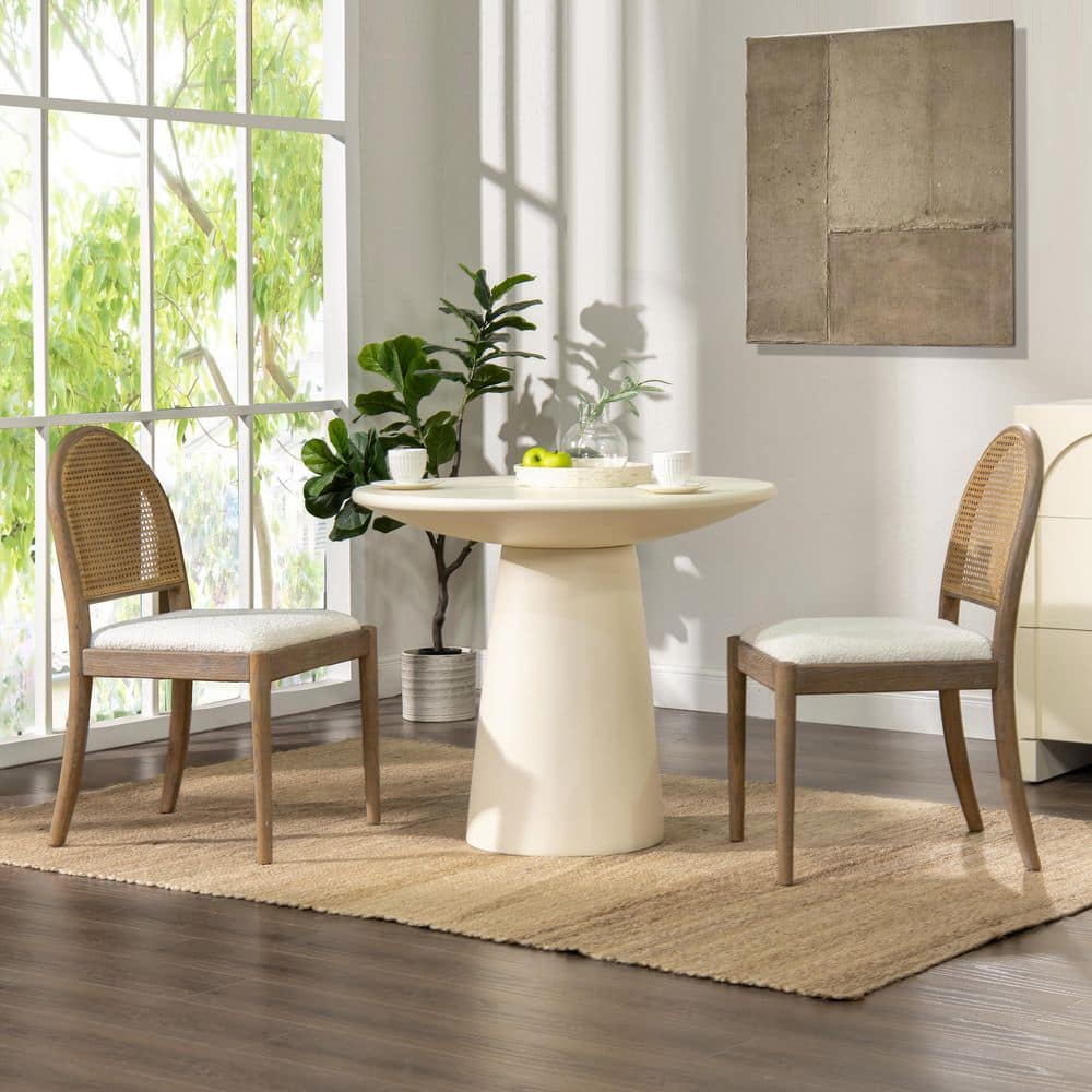 Ivory White Boucle Rattan Cane Side Dining Chair Set of 2