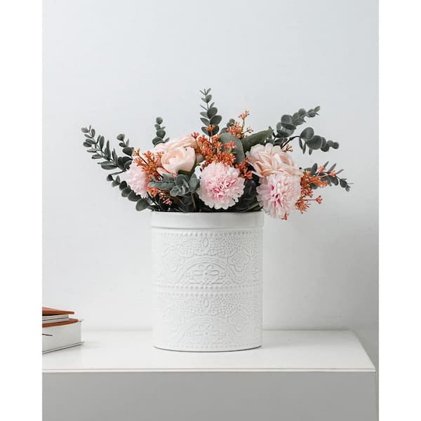 Christmas Bright White Ceramic Utensil Holder, Lace Emboss Extra Large Capacity for Kitchen Counter, Heavy Stable Design