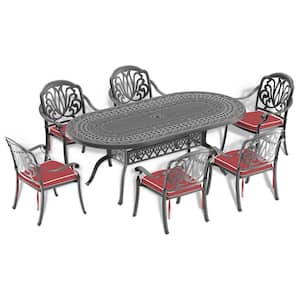 Elizabeth Black 7-Piece Cast Aluminum Outdoor Dining Set with Oval Table and Dining Chairs and Random Color Seat Cushion