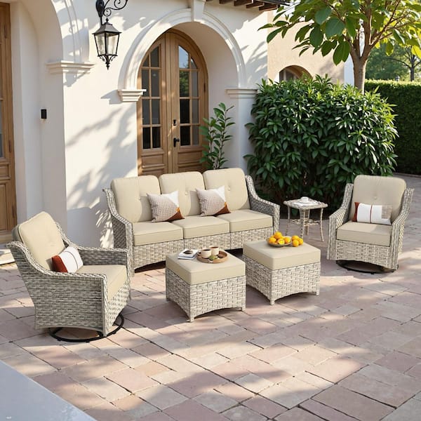 Palffy Gray 6-Piece Wicker Outdoor Patio Conversation Set with Beige Cushions and Swivel Rocking Chairs