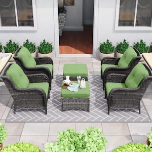 6-Piece Wicker Outdoor Patio Conversation Lounge Chair Set with Green Cushions and Ottomans