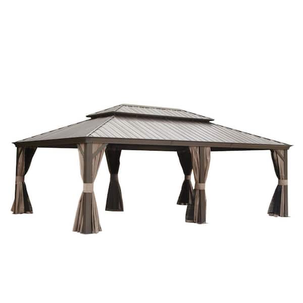 14 ft. x 24 ft. Brown Hardtop Gazebo with Galvanized Steel Double Roof, Built-in Gutter System, Curtain and Netting