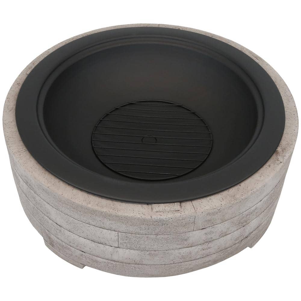 Large Round Gray Faux Stone Wood-Burning Fire Pit with Handles