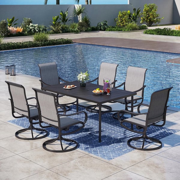 Phi Villa Black 7 Piece Metal Rectangle Patio Outdoor Dining Set With Straight Leg Rectangle 7474