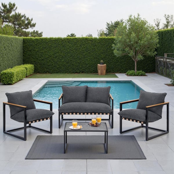 4-Piece Steel Patio Conversation Set with Gray Cushions