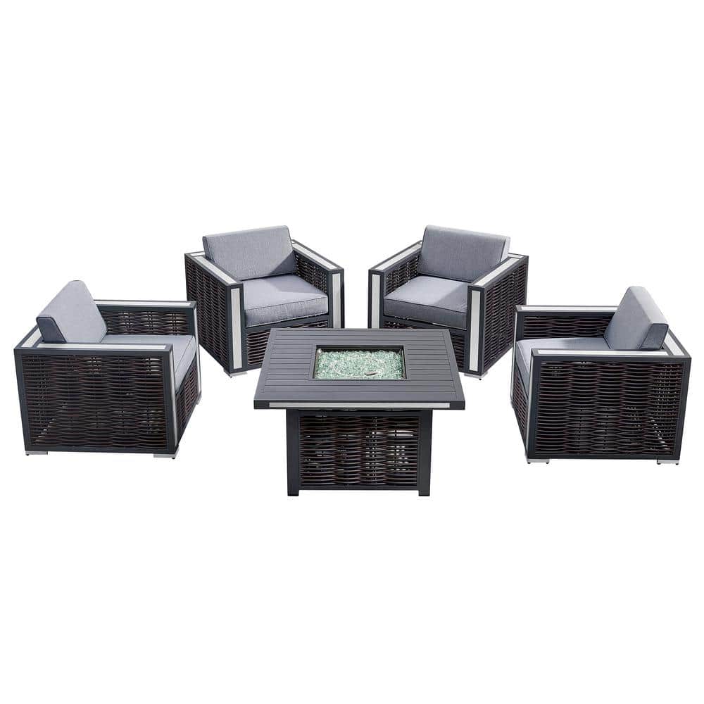 Avola Outdoor 4-Piece Aluminum Patio Set with 50000 BTU Firepit Gray Cushio
