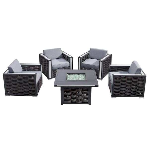 DEKO LIVING Avola Outdoor 4-Piece Aluminum Patio Set with 50000 BTU Firepit Gray Cushions