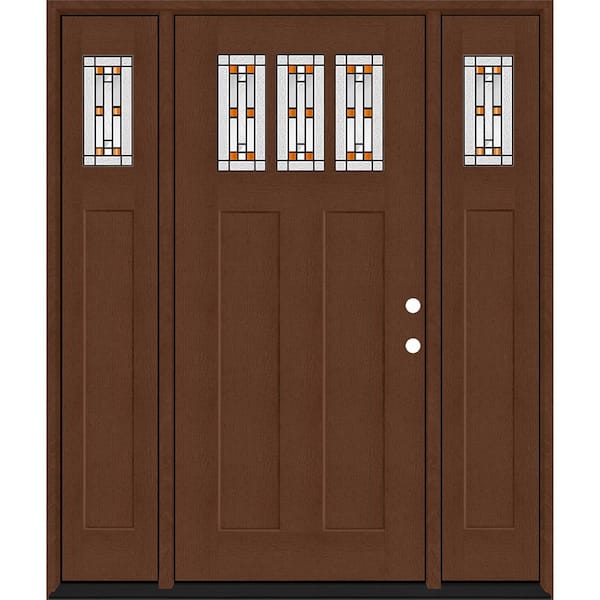 Steves & Sons Regency 64 in. x 80 in. 3Lite Amberton Deco Glass LHIS Chestnut Stain Fir Fiberglass Prehung Front Door w/Dbl 12in.SL