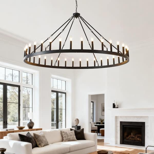 63.8 in. 36-Light Large Black Wagon Wheel Chandelier Round Wheel Chandelier Light Fixtures
