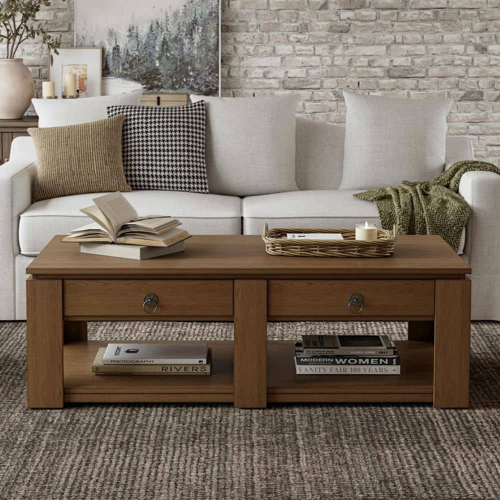 Isadoro Walnut Modern 4-Drawers Coffee Table with Solid Wood Legs