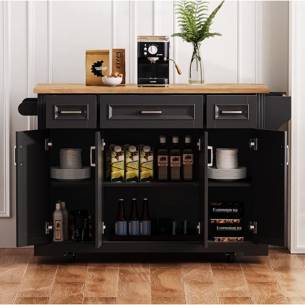 Black Rubber Wood Kitchen Cart with Drop Leaf, 4 Doors and 3 Drawers and 4 Wheels