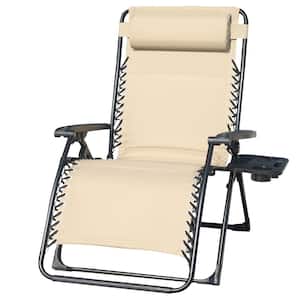 Metal Outdoor Zero Gravity Lounge Heavy-Duty Adjustable Patio Recliner Chair with Cup Holder and Beige Cushion