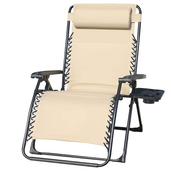 maocao hoom Metal Outdoor Zero Gravity Lounge Heavy-Duty Adjustable Patio Recliner Chair with Cup Holder and Beige Cushion