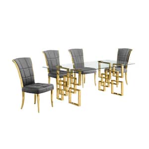 Dominga 5-Piece Rectangular Glass Top Gold Stainless Steel Dining Set with 4 Dark Gray Velvet Long Back Gold Stainless