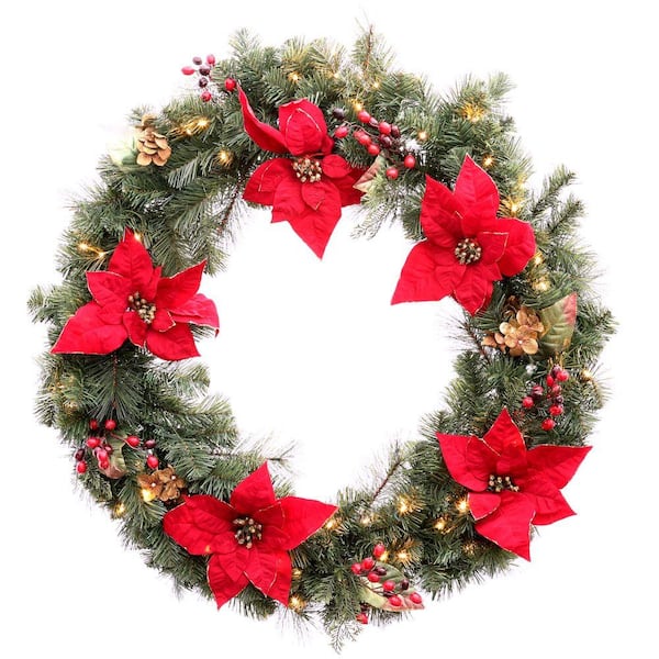 Unbranded 36 in. Battery Operated Red Poinsettia Artificial Wreath with 60 Clear LED Lights