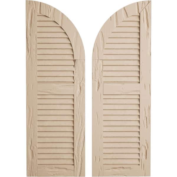 Ekena Millwork 12" x 48" Timberthane Polyurethane 2-Equal Louvered Quarter Round Arch Top Faux Wood Shutters Pair in Primed